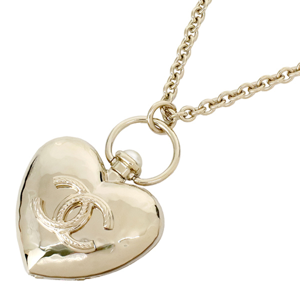 Chanel Heart Costume Gold Necklace GP Champagne Locket Pearl Metal